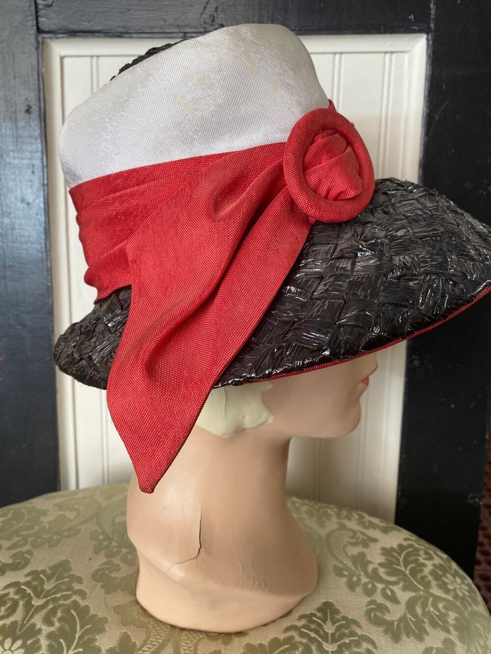 vintage 1960s wide brim straw hat, black and red, buckle bow, 50s fashion, derby
